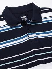 Men Navy Regular Fit Striped Polo Neck Casual T-Shirt