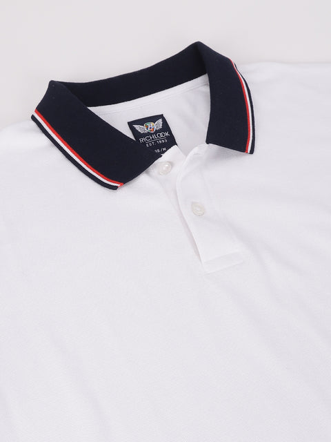 Men White Regular Fit Solid Polo Neck Casual T-Shirt