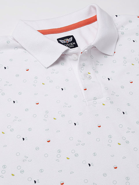 Men White Regular Fit Printed Polo Neck Casual T-Shirt