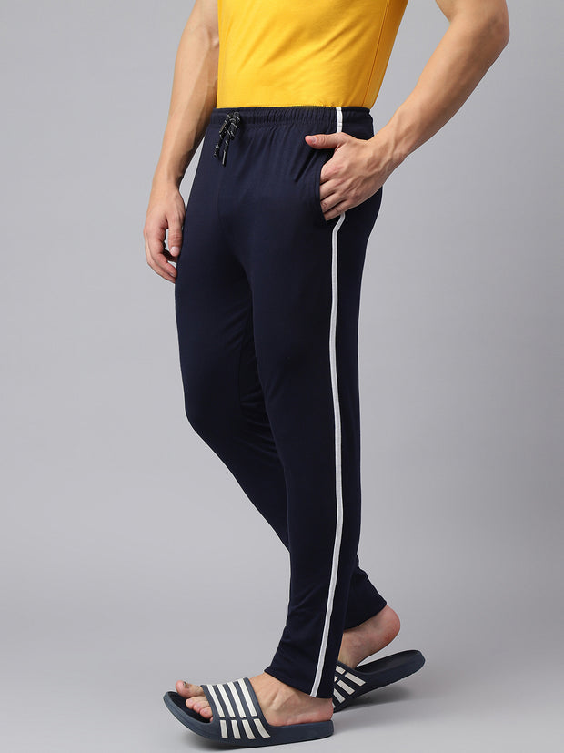 Men Navy Blue Slim Fit Mid Rise Solid Lower