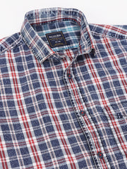 Men Navy Maroon Standard Fit Checkered Casual Shirt