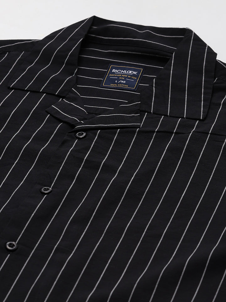 Men's Black Stripe Cuban Collar Half Sleeve Shirt-2