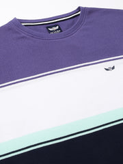 Men Navy Purple Regular Fit Color Blocked Crew Neck Casual T-Shirt