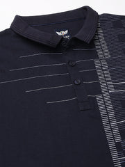 Men Navy Regular Fit Printed Polo Neck Casual T-Shirt