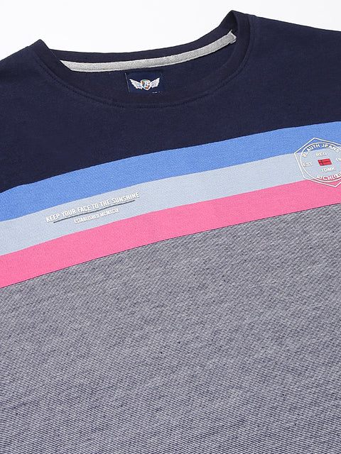 Men Grey Navy Regular Fit Color Blocked Crew Neck Casual T-Shirt