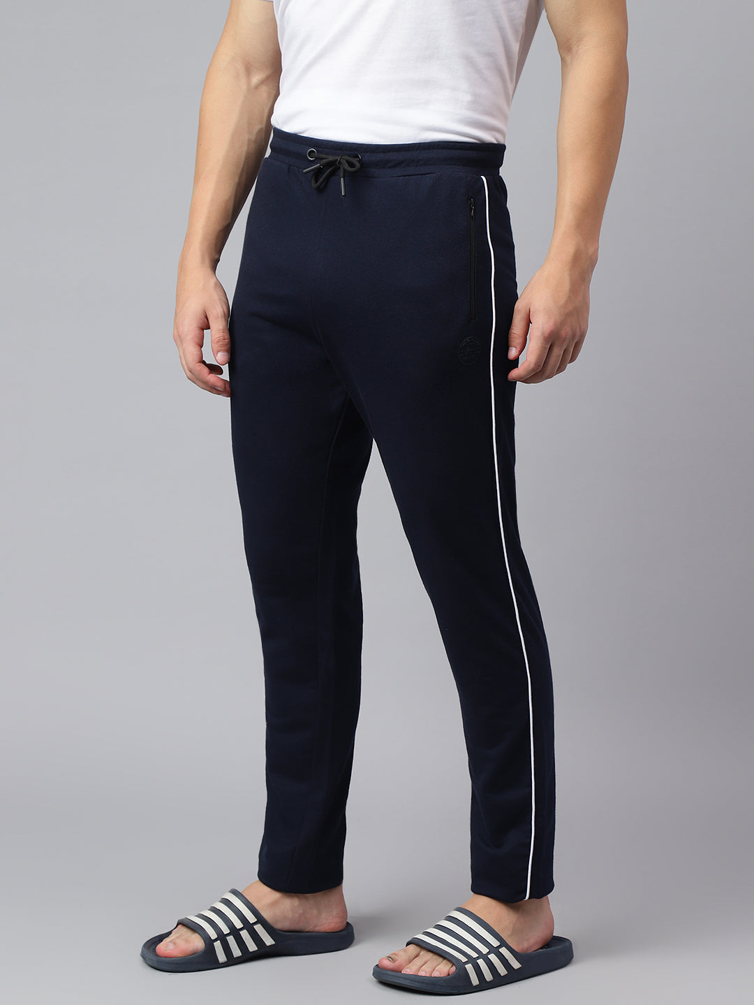 Men Navy Blue Slim Fit Mid Rise Solid Lower