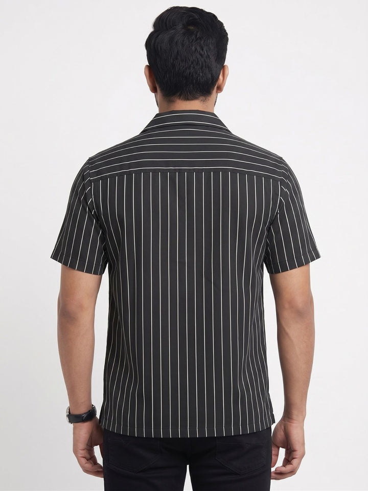 Men's Black Stripe Cuban Collar Half Sleeve Shirt