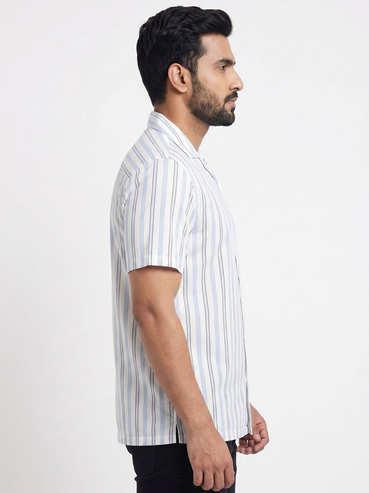 Men's White Stripe Cuban Collar Half Sleeve Shirt