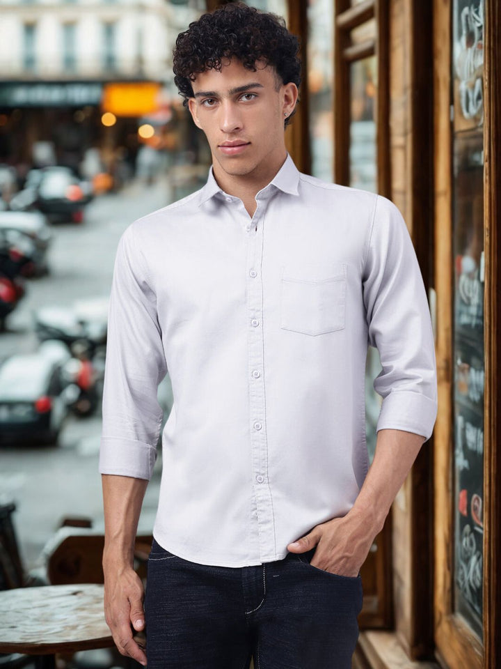 Men Light Grey Slim Fit Cotton Casual Shirt