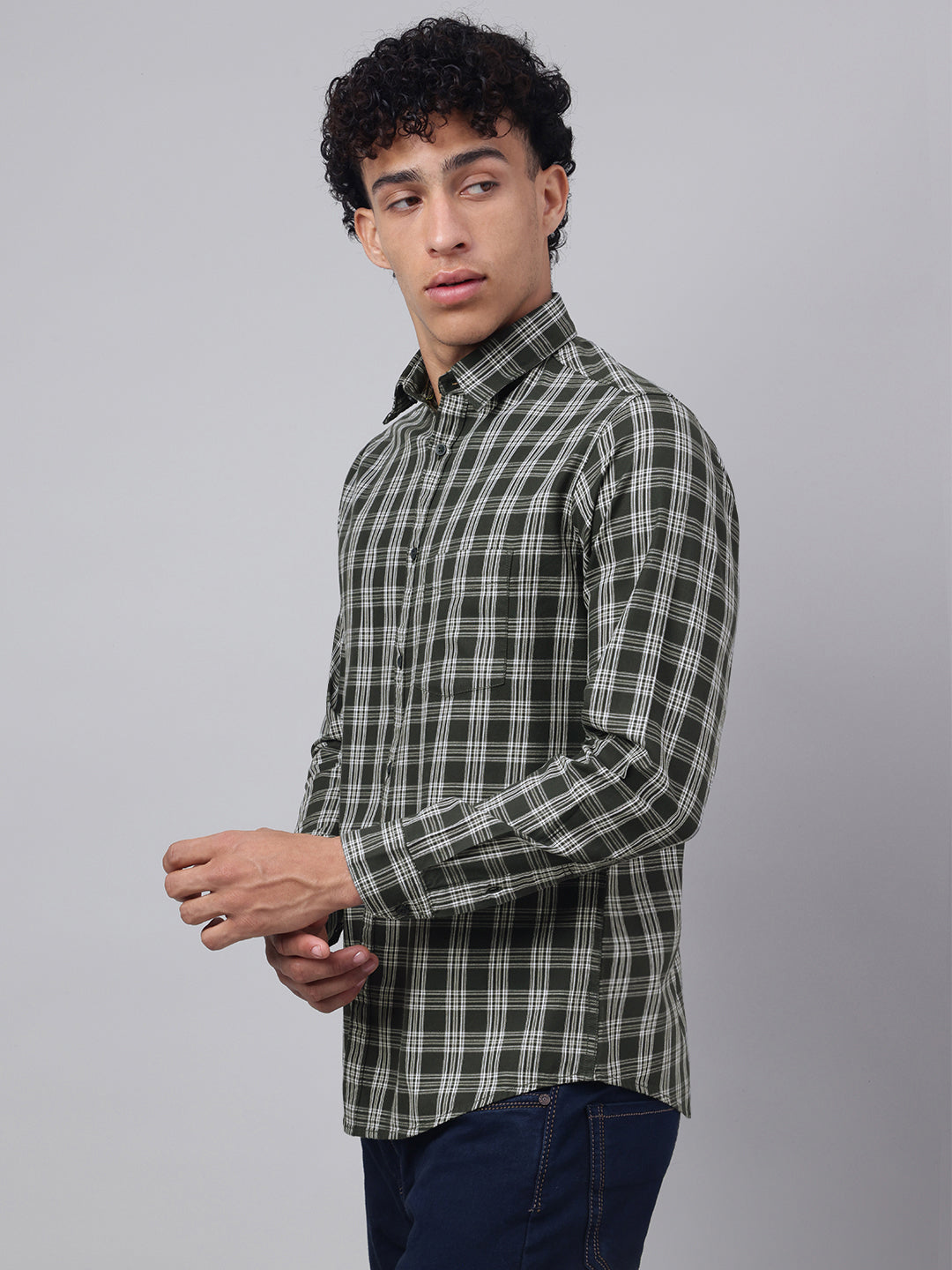 Men Olive Check Casual Shirt Bold Checks Lasting Comfort