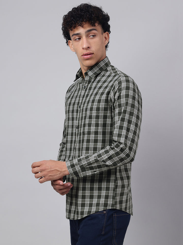 Men Olive Check Casual Shirt Bold Checks Lasting Comfort