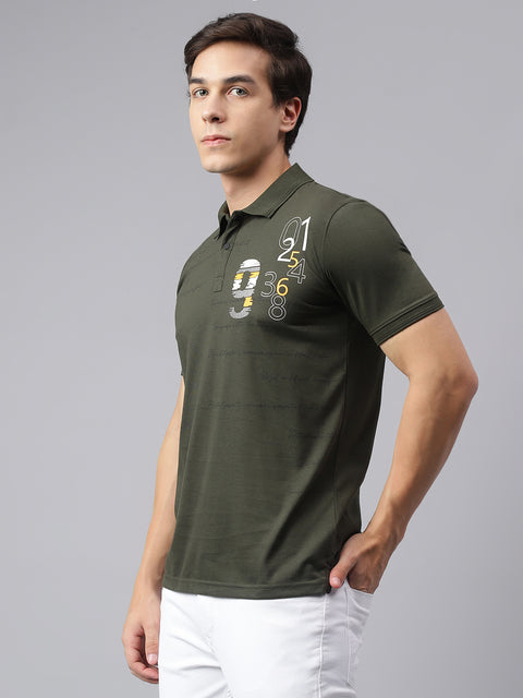 Men Olive Regular Fit Printed Polo Neck Casual T-Shirt