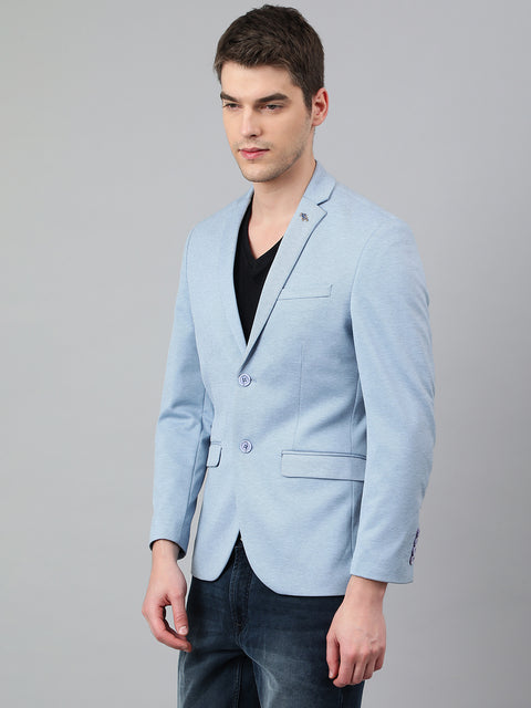 Men Sky Blue Regular Fit Solid Notched Lapel Casual Blazer