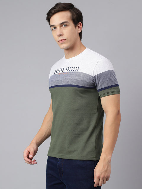 Men Olive White Regular Fit Color Blocked Crew Neck Casual T-Shirt