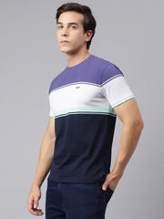 Men Navy Purple Regular Fit Color Blocked Crew Neck Casual T-Shirt