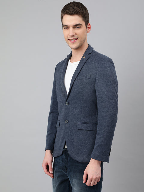 Men Navy Regular Fit Solid Notched Lapel Casual Blazer