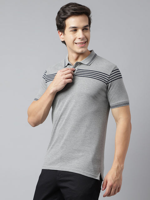 Men Grey Regular Fit Solid Polo Neck Casual T-Shirt