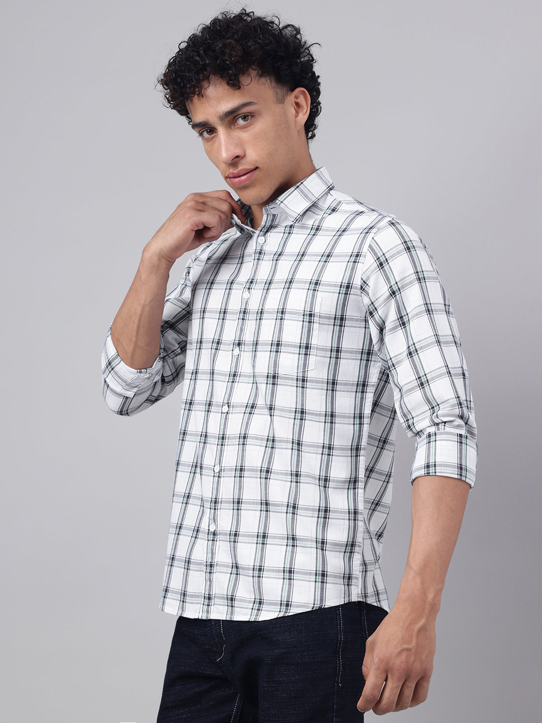 Men White Check Casual Shirt Fresh Look Easy Comfort