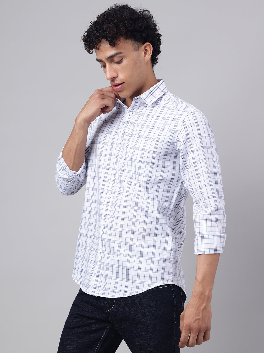 Men White Check Casual Shirt Simple Smart Stylish
