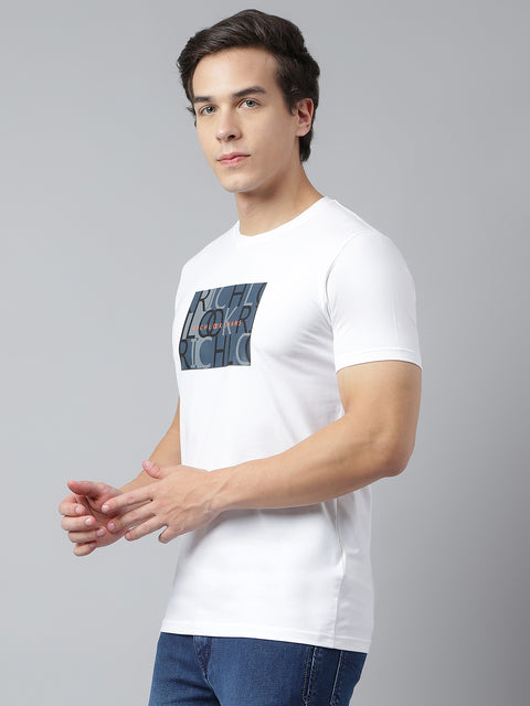 Men White Regular Fit Printed Crew Neck Casual T-Shirt