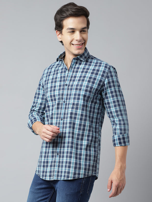 Men Navy Turquoise Standard Fit Checkered Casual Shirt