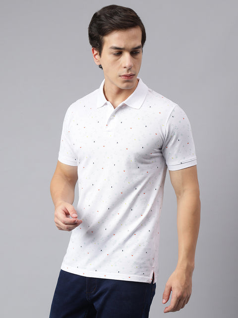 Men White Regular Fit Printed Polo Neck Casual T-Shirt