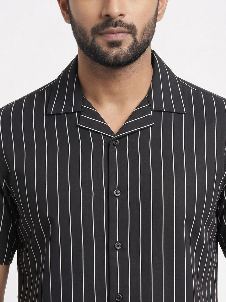 Men's Black Stripe Cuban Collar Half Sleeve Shirt