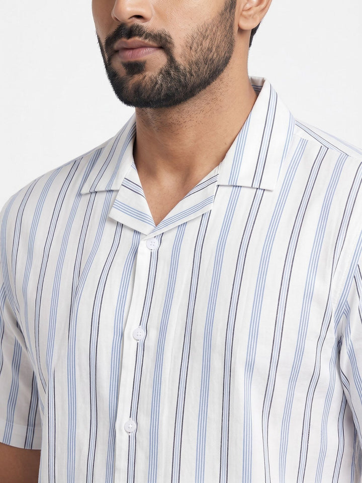 Men's White Stripe Cuban Collar Half Sleeve Shirt