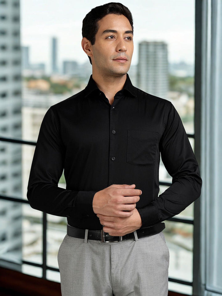 Men Solid Black Cotton Formal Shirt