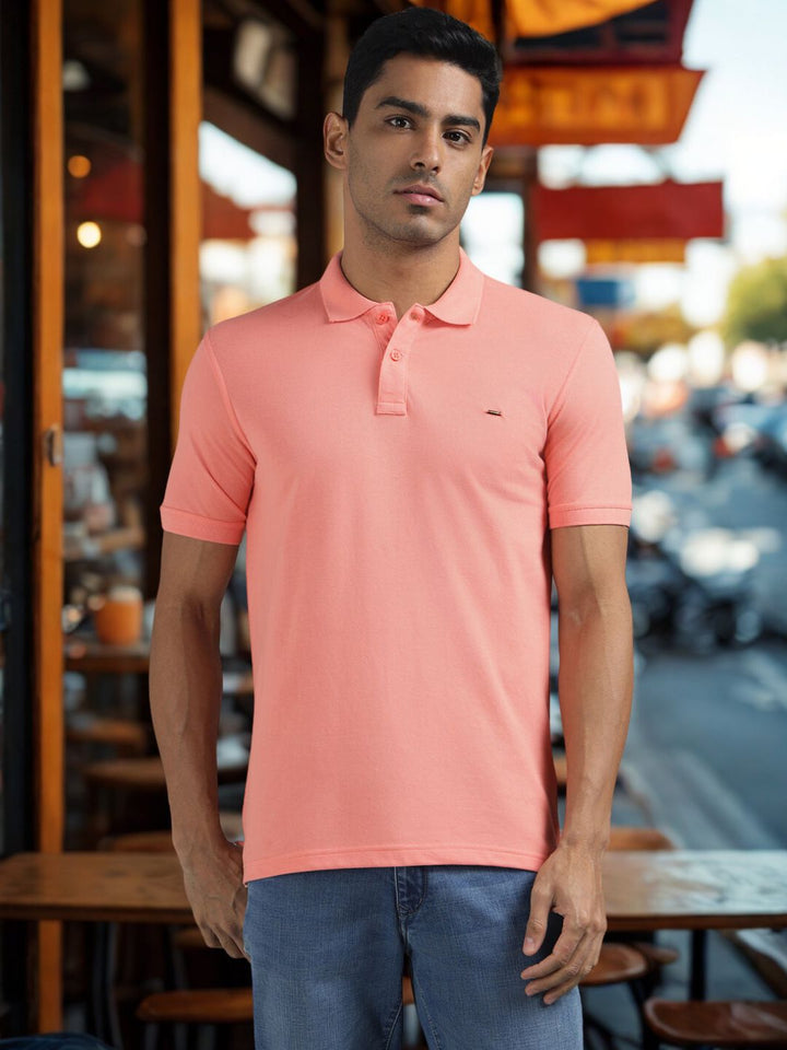Men Light Coral Regular Fit Solid Polo T-shirt
