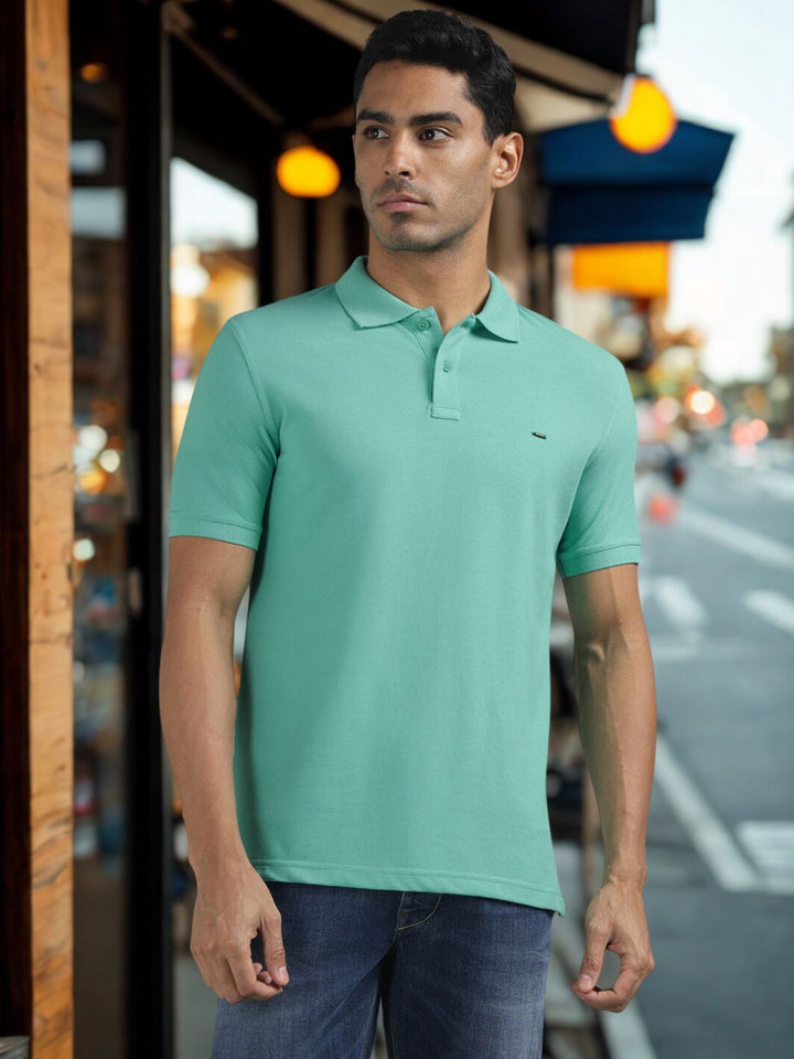 Men Sea Green Regular Fit Solid Polo T-shirt