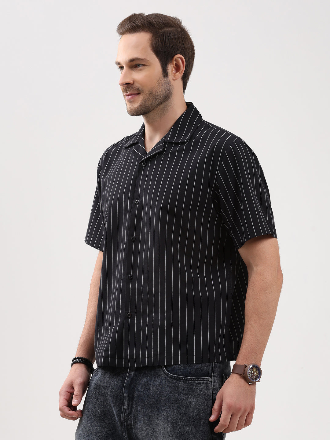 Men's Black Stripe Cuban Collar Half Sleeve Shirt-3