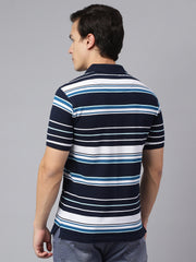 Men Navy Regular Fit Striped Polo Neck Casual T-Shirt