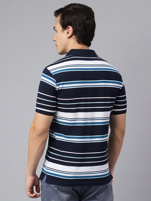 Men Navy Regular Fit Striped Polo Neck Casual T-Shirt