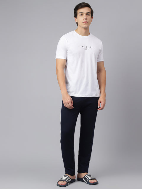 Men Navy Blue Slim Fit Mid Rise Solid Lower