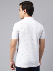 Men White Regular Fit Printed Polo Neck Casual T-Shirt