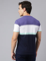 Men Navy Purple Regular Fit Color Blocked Crew Neck Casual T-Shirt