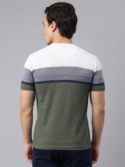 Men Olive White Regular Fit Color Blocked Crew Neck Casual T-Shirt