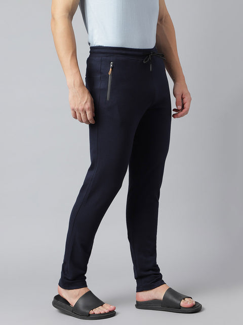 Men Navy Blue Slim Fit Mid Rise Solid Lower