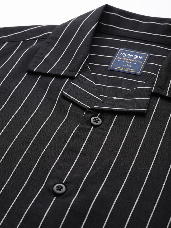 Men's Black Stripe Cuban Collar Half Sleeve Shirt
