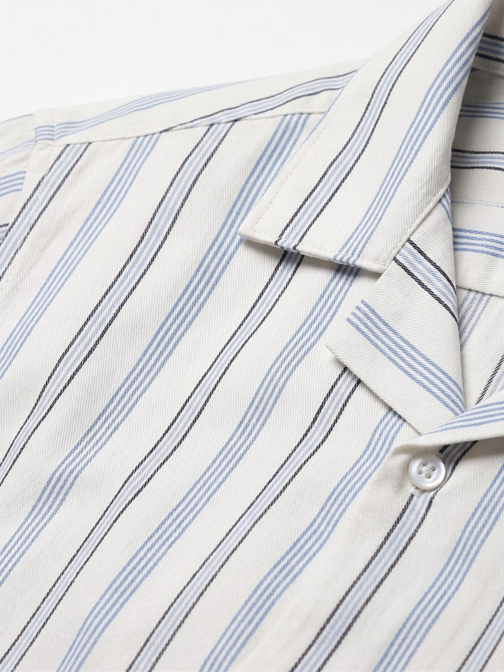 Men's White Stripe Cuban Collar Half Sleeve Shirt
