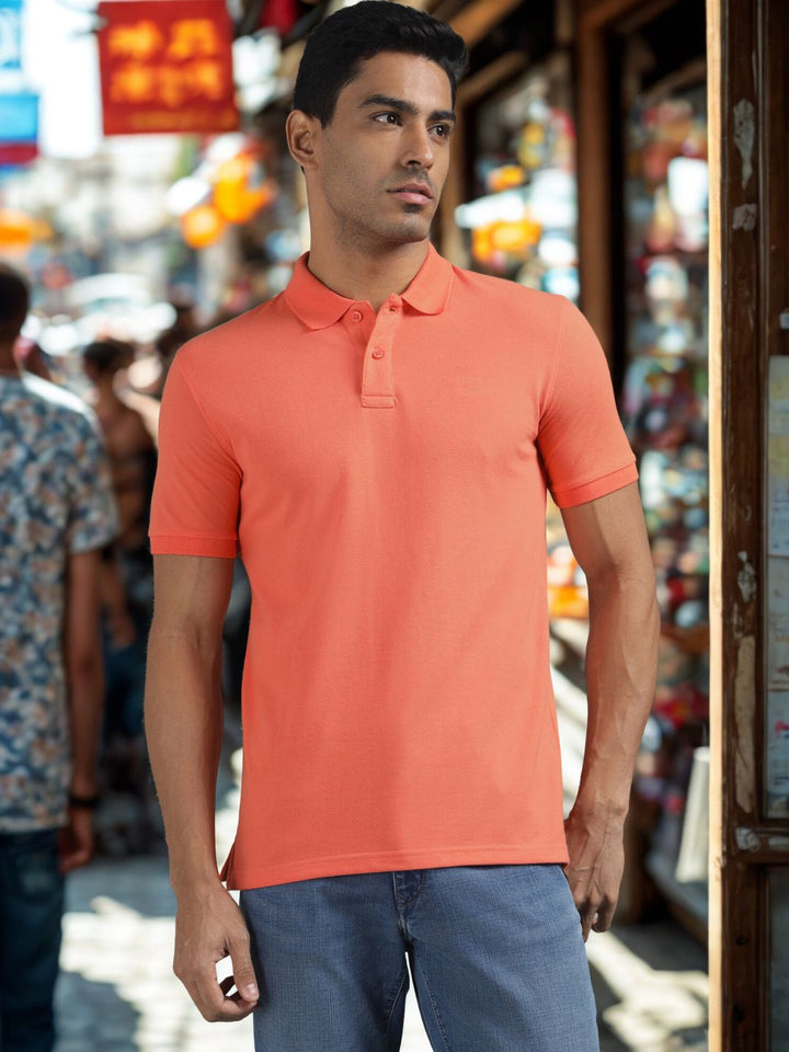 Men Coral Regular Fit Solid Polo T-shirt