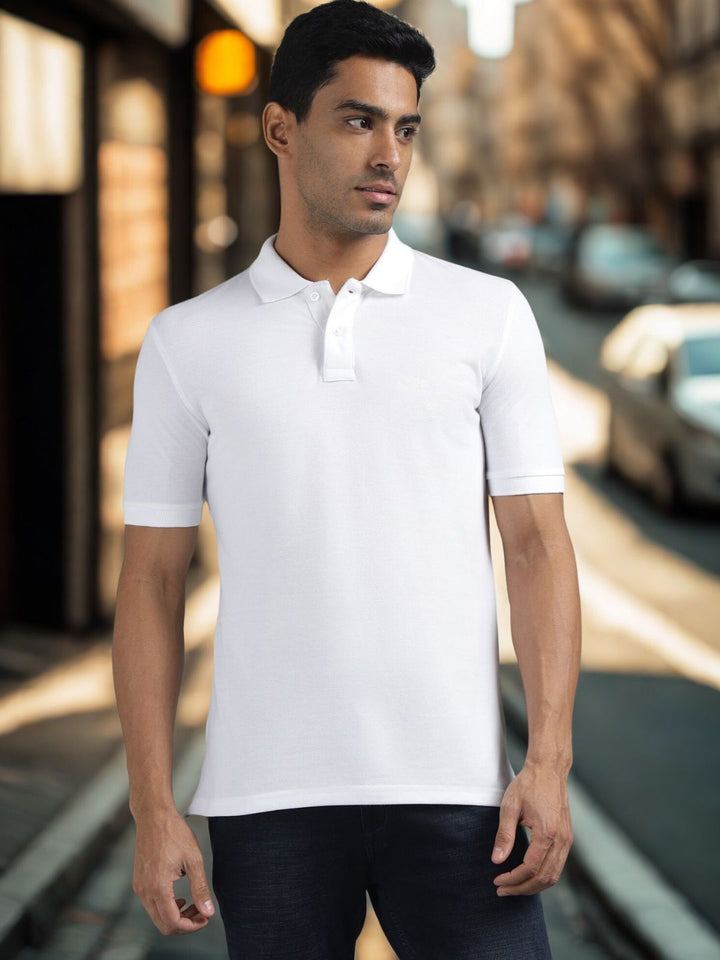 Men White Regular Fit Solid Polo T-shirt