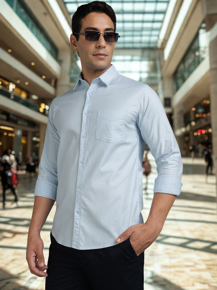 Men Plain Light Blue Stretchable Casual Shirt