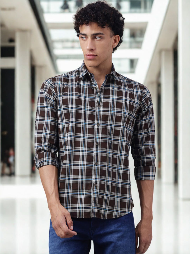 Men Brown Checkered Casual Shirt