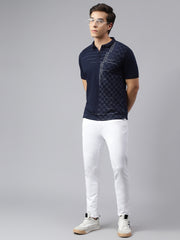 Men Navy Regular Fit Printed Polo Neck Casual T-Shirt