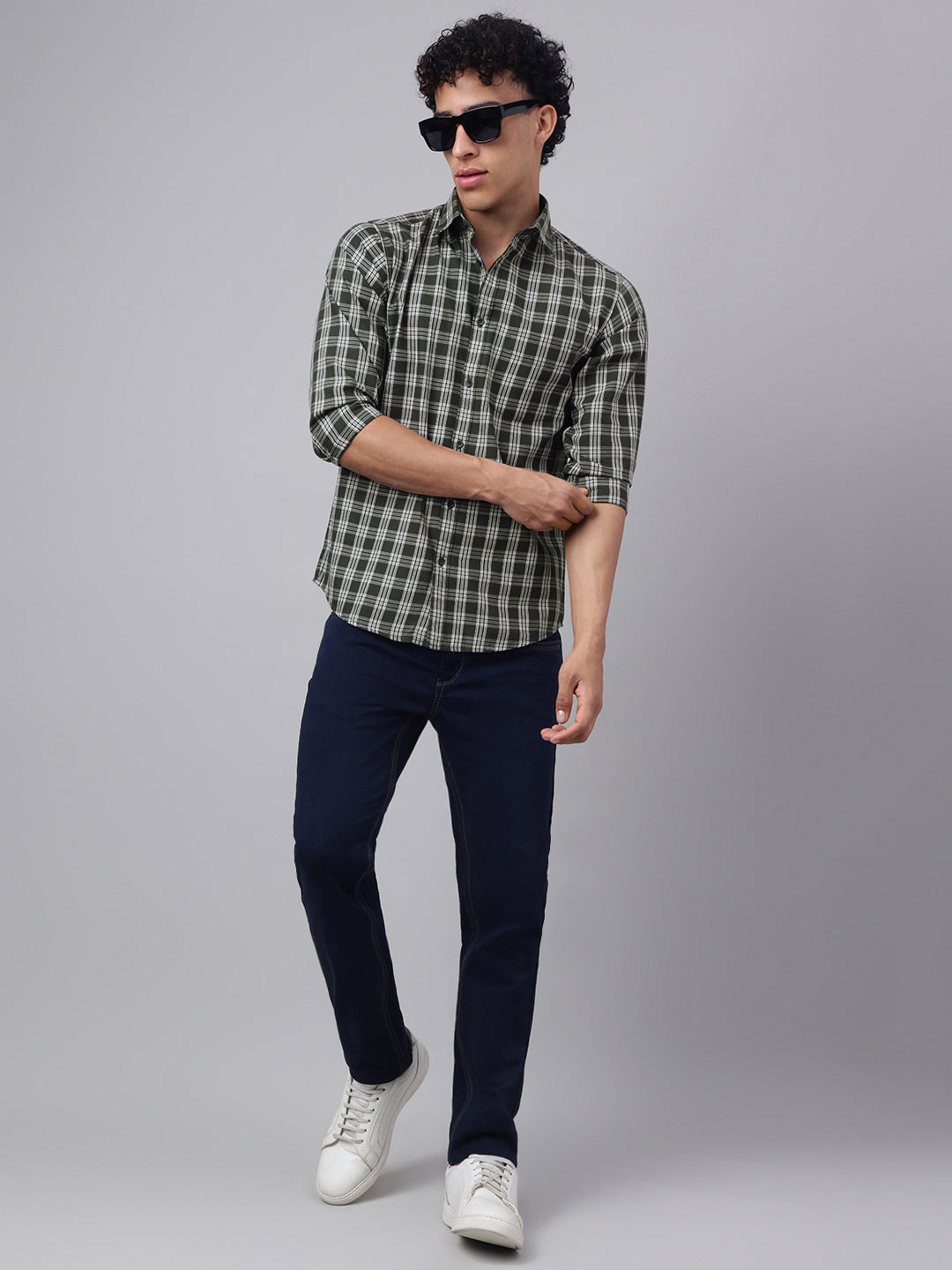 Men Olive Check Casual Shirt Bold Checks Lasting Comfort