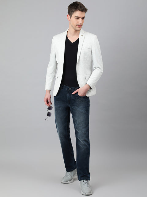 Men Off White Regular Fit Solid Notched Lapel Casual Blazer