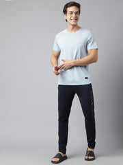 Men Navy Blue Slim Fit Mid Rise Solid Lower
