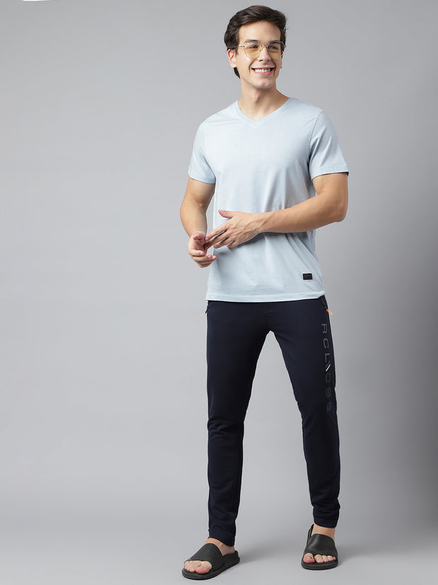 Men Navy Blue Slim Fit Mid Rise Solid Lower
